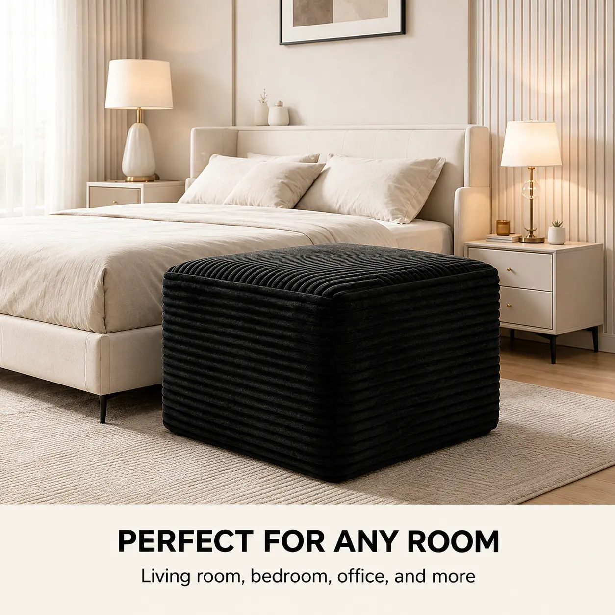 【Footrest + Two Throw Pillows】Soft Striped Corduroy Square Ottoman Cube | 24×24×15 Inch Multifunctional Modular Footrest Stool, Extra Seating for Living Room & Apartment