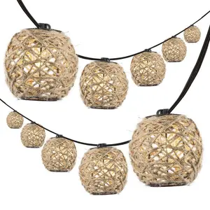 JONATHAN Y Oahu 10-Light Indoor/Outdoor 10 ft. Rustic Coastal Incandescent C7 Globe Hemp Rope Shaded String Lights; for Living Room, Bedroom, Kitchen, Office