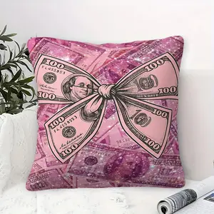 Luxurious Pink Glittering Bow Throw Pillow, Soft Padded Cushion, Featuring Dollar Bill Design, Digitally Printed for Home Decor, Perfect for Sofas and Bedrooms, 45cm Square Size with Pillow Core