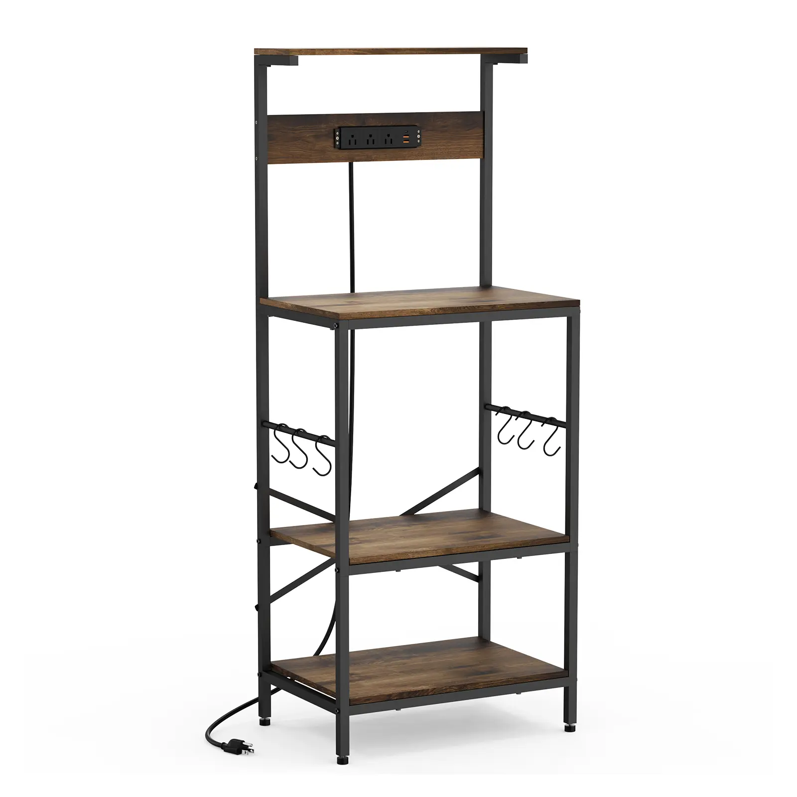 Microwave Stand, Coffee Bar Table 4 Tiers, Kitchen Storage Shelf, A Microwave Stand With 6 S-Shaped Hooks, A Storage Rack Suitable for Storing Seasonings, Tableware, Toaster, Etc.(With 1 power cord)