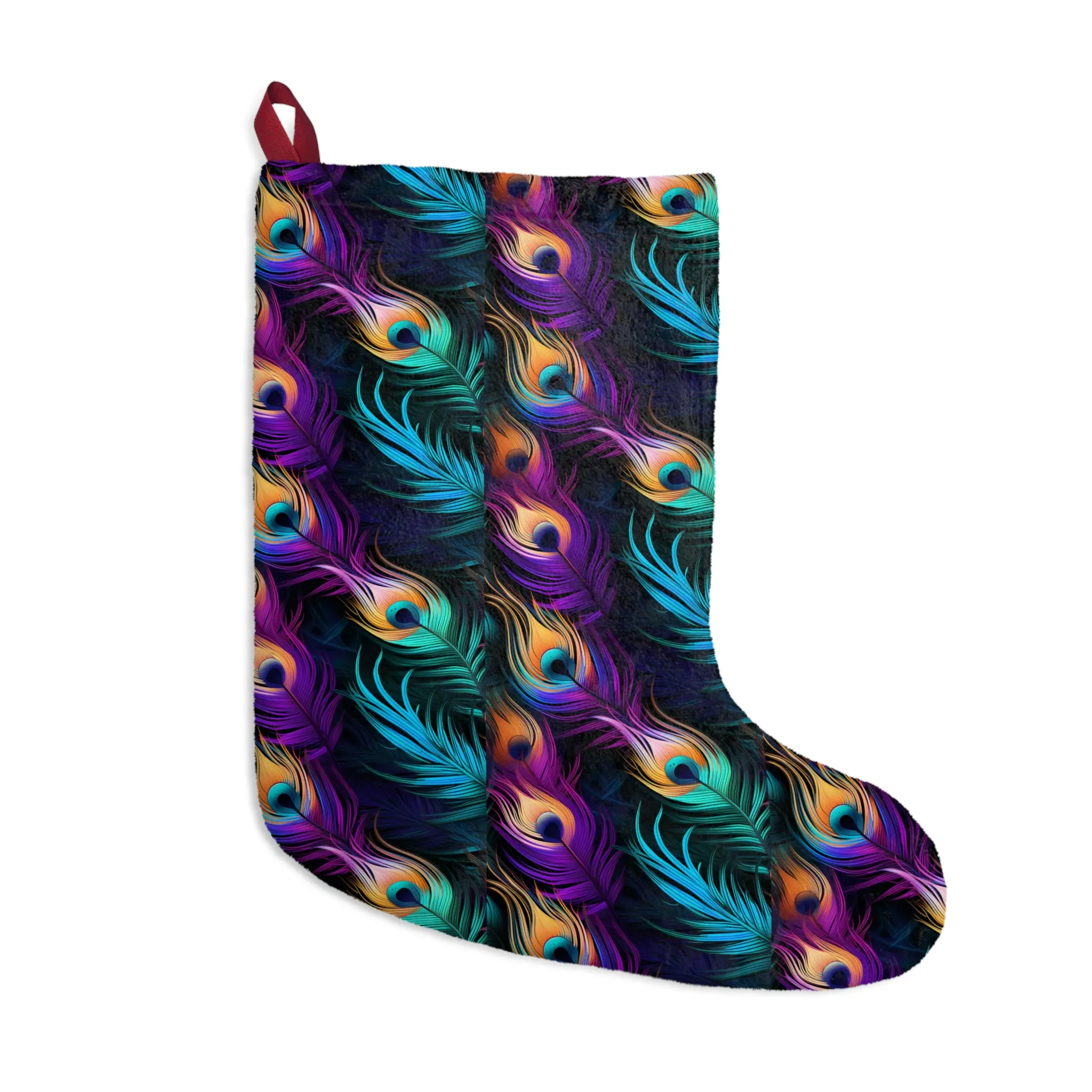 Neon Peacock Feathers Christmas Stocking, Holiday Decor, Festive Stocking, Unique Christmas Decor, Trendy Xmas Stocking
