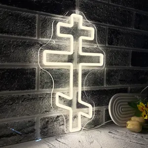 Cross-shaped neon light featuring a bright, warm glow; USB-powered with an acrylic backing—an artistic wall decoration.