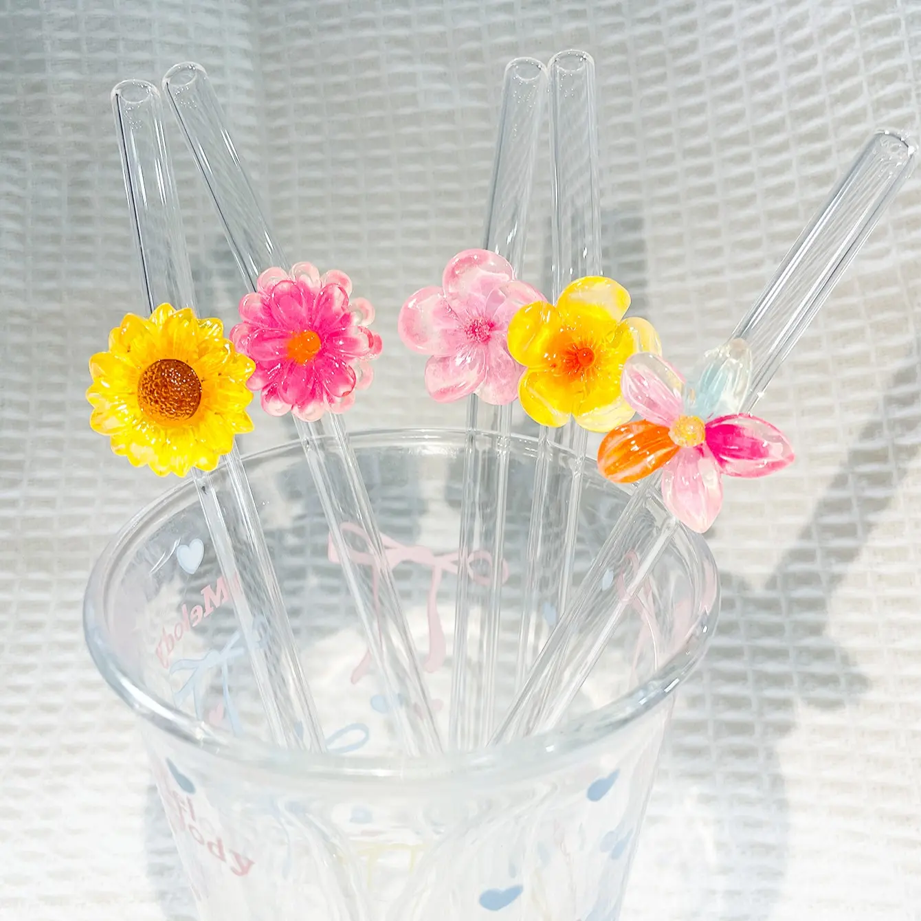 5-Pack 20cm Floral Glass Straws, Cute Straws, Clear Straws, Drinking Straws, Glass Straw Drinkware, Heat-Resistant Reusable, Ideal for Smoothies, Iced Coffee, Tea, Party Gifts, Summer Drinks