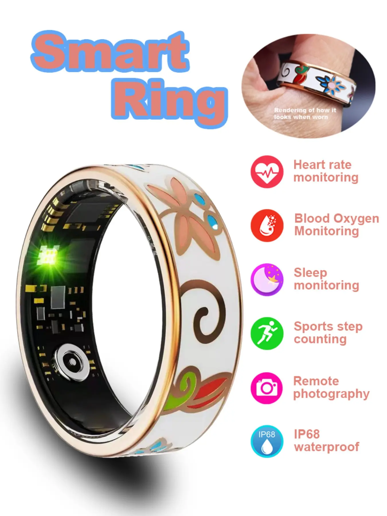 Enamel Color Smart Ring Fitness Tracker, Wearable Devices, Wearable Tech Gadgets, Heart Rate Monitor, Steps, Distance, Calories, Sleep Tracking, Sports Tracking Device, Rechargeable, Lithium Battery, Wireless, USB, Seven-Color Enamel Flower Smart Jewelry
