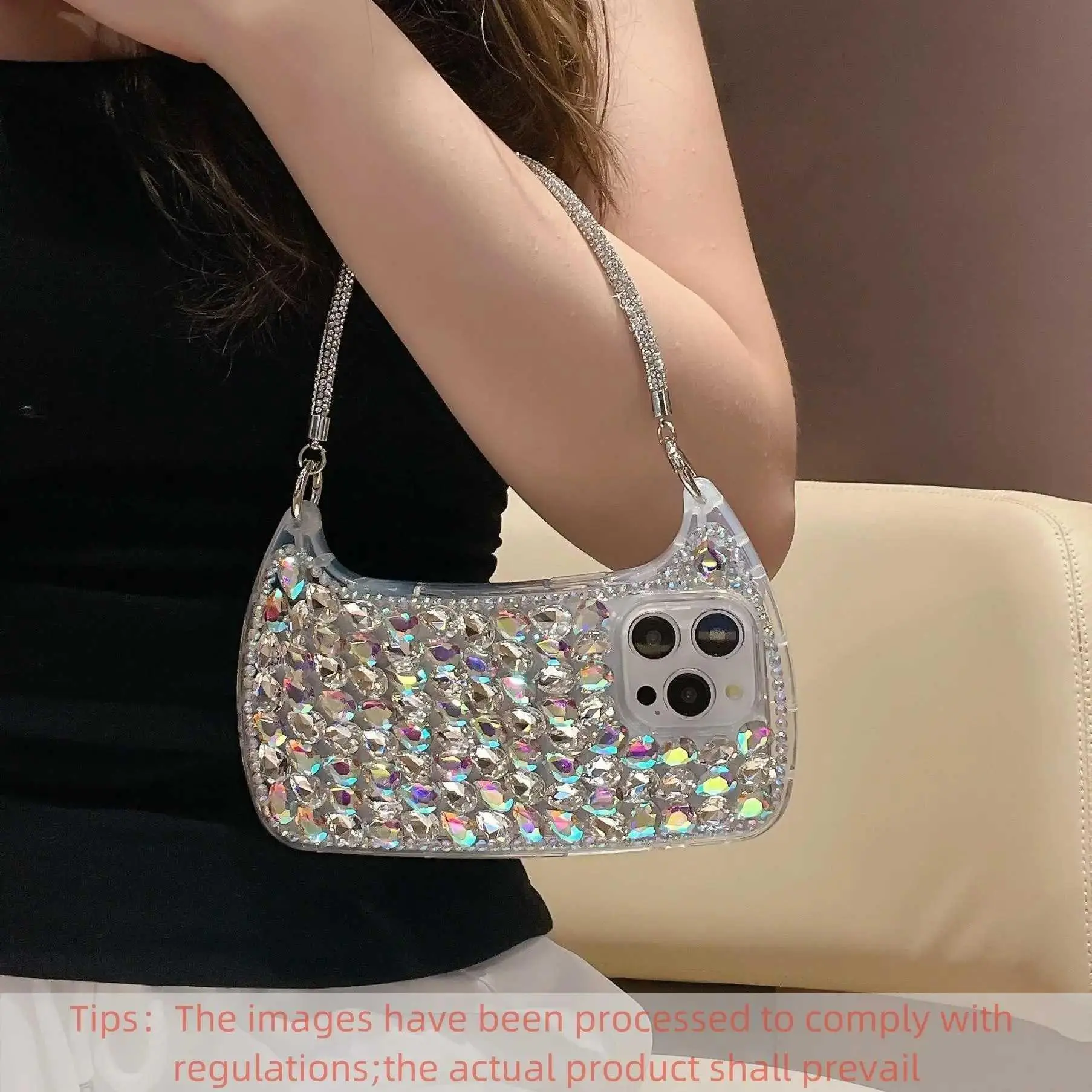 Glass Rhinestone Handbag Design Phone Case Cover Casing for iPhone 17/16/15/14/13 Pro Max Plus, Fashionable Women's Flashy Bracelet HNX90PLXC