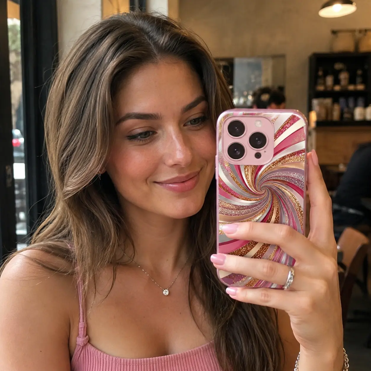 Luxury Rose Gold Swirl Phone Case with Flower Lanyard, Glitter Pink Art Aesthetic Cover for iPhone 17/16/15/14/13/12/11 Pro/Pro Max and Samsung Galaxy S25/S24/S23/Note — 975