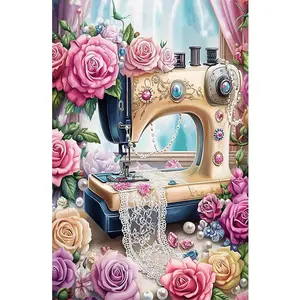 1PCS Diamond Painting Kit Vintage Sewing Machine with Roses and Lace Embroidery Craft for Home Decor DIY