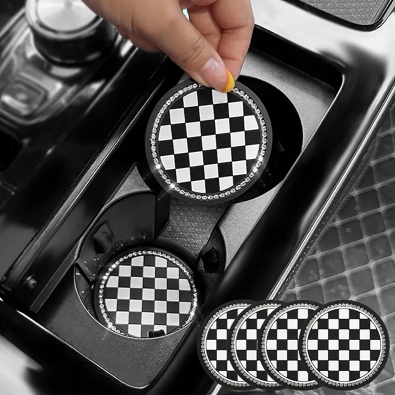 4pcs Car Cup Holder Coasters With Rhinestones, Universal PVC Anti-slip Pad Plaid Coaster, Auto Interior Accessories Decorations, Checkered Car Accessories, Car Auto Accessory