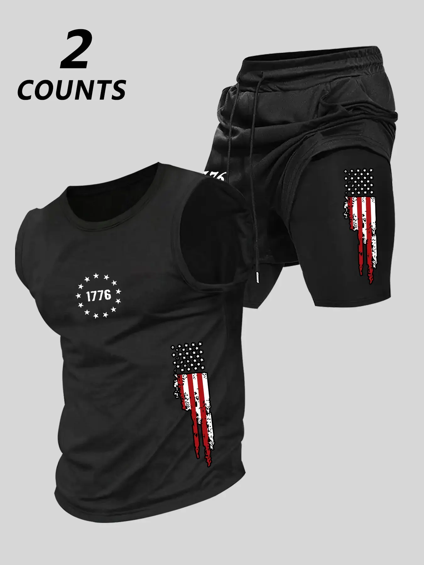 Men's Printed Round Neck Sleeveless T-Shirt + American Style Casual Gym Shorts, Trendy Flag Pattern, Summer Fitness Wear, Sports Casual Wear, Sport Casual Outfit, Workout Sets