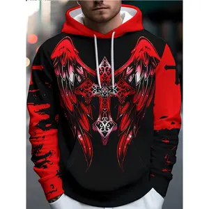 [Angelic Graphic Hoodie] Soft Polyester Oversized Hoodie - Men's Casual Hoodie with Angelic Graphic Design - Machine Washable, Black & Red with Winged Cross Print, Stylish Streetwear Pullover