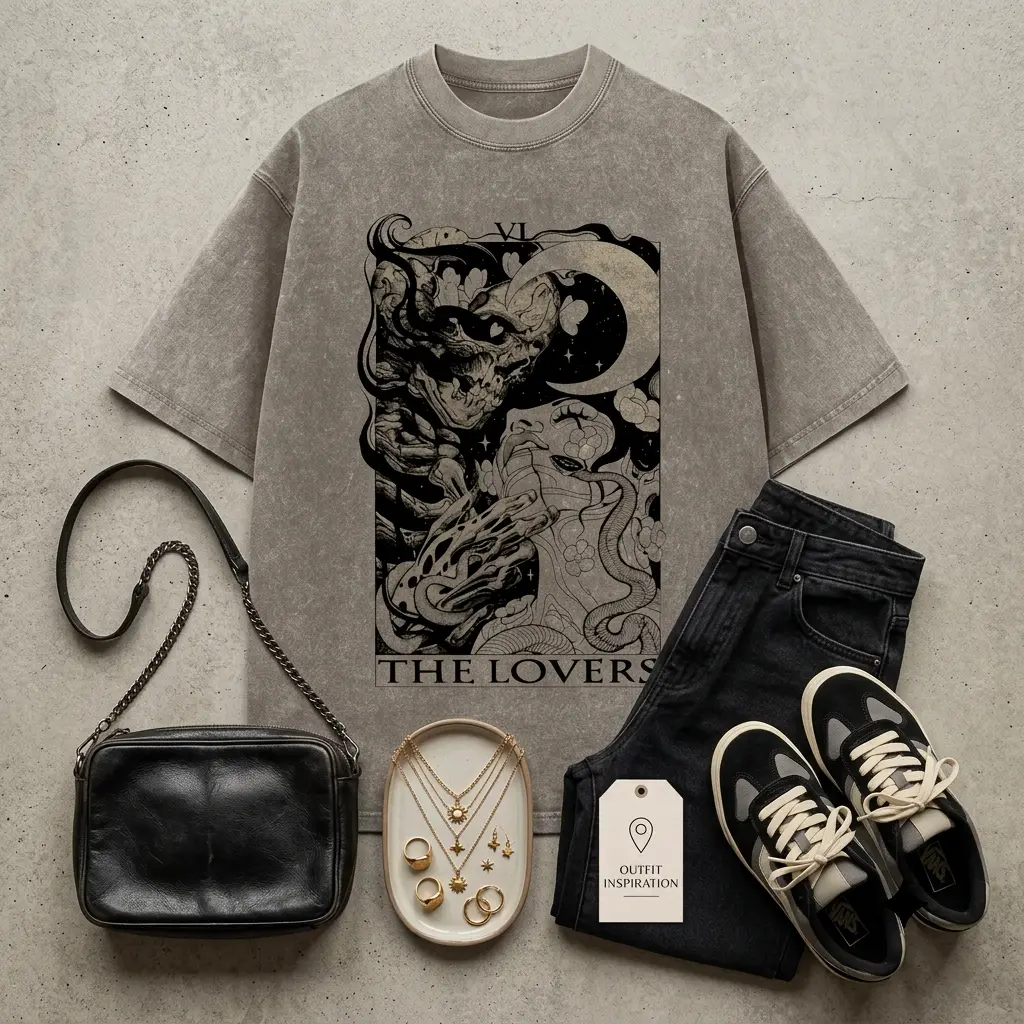 Vintage The Lovers Tarot Card Graphic T Shirt Goth Skeleton Dark Art Washed Heavyweight 220GSM Cotton Oversized Tee Men Women Grunge Y2K Streetwear Punk Aesthetic Unisex Short Sleeve Top S-3XL Shortsleeve Halloween Gothic graphictee acid