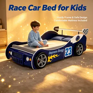 Twin Size Kids Car Design Floor Bed with LED Lights, Full-Length Guardrails, Kids Furniture Bedroom Indoor Bed Frame for Children