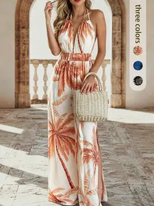 Summer New Women's Resort Style Chic Tropical Palm Leaf Print Sleeveless Halter Jumpsuit, Split Leg, Back Tie Design, Slimming, Casual Fashion