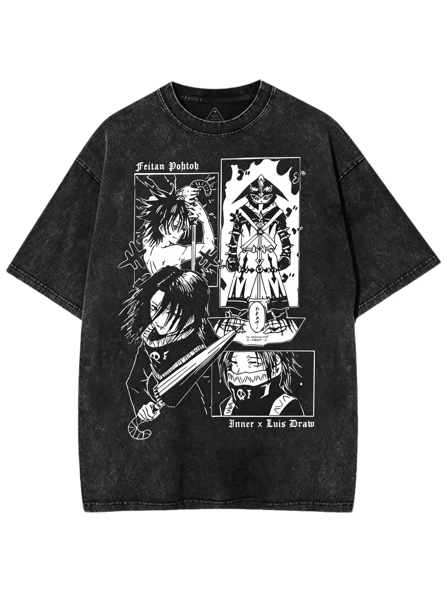 Hunter x Hunter Feitan Graphic T-Shirt - Men's Top, Vintage Washed Black, Oversized Heavyweight Cotton, Medium Length, Phantom Troupe Retro Anime Streetwear Merchandise for Summer Alt Outfits