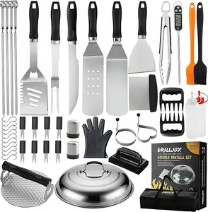 Grilljoy 46PC Griddle Accessories Set with Robust Plastic Handle Stainless Steel Tools for Flat Top Grills Hibachi Teppanyaki BBQ Utensils Complete Kit kitchen gadgets kitchen items kitchen accessories grills Sturdy Kitchenware Cover