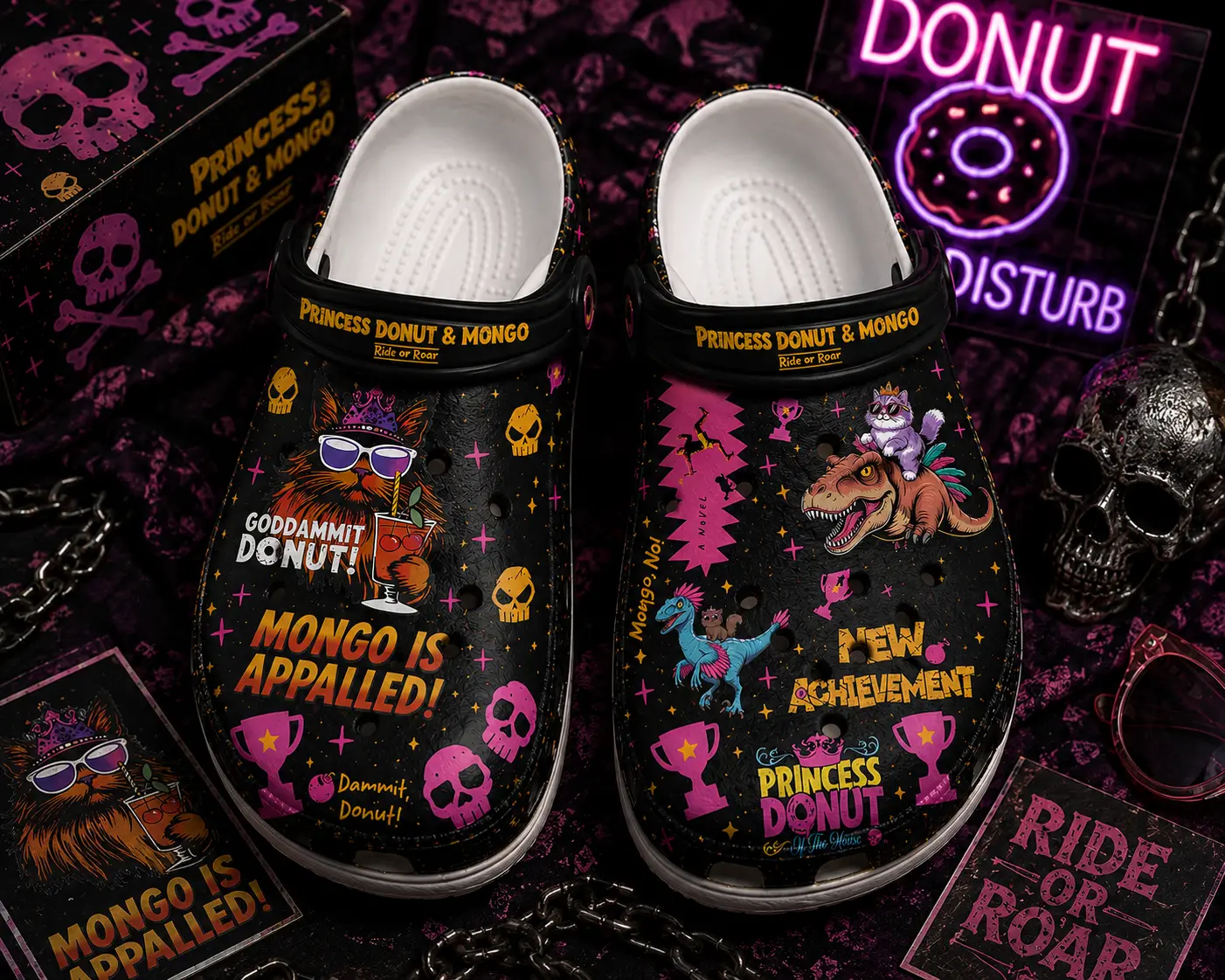 Princess Donut, Mongo is Appalled Clogs Shoes, Fantasy Dino Graphic Clogs Shoes, Neon Cartoon Casual Footwear, Lightweight Comfort Clogs Shoes