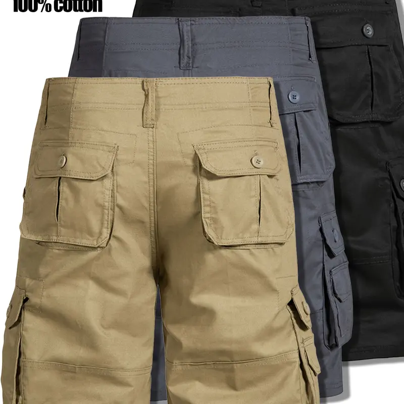 Men's 3-Pack Plain Cargo Shorts, 100% Pure Cotton Menswear, Wrinkle-Resistant, Durable, Breathable, Casual Loose Athletic Sport Shorts, Suitable for Hiking, Travel, Everyday Commuting