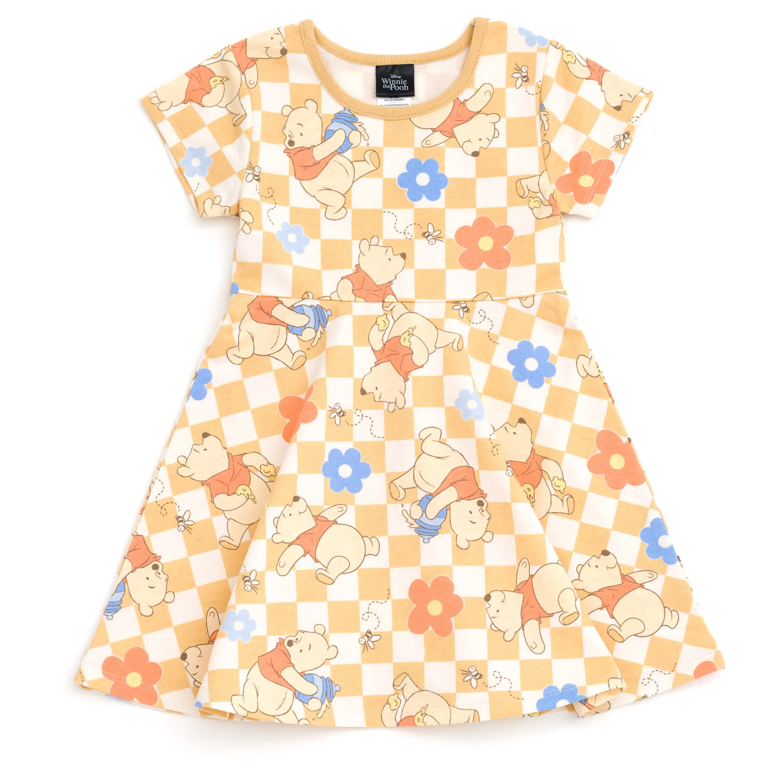 Disney Winnie the Pooh Girls' Allover Print French Terry Fit and Flare Dress Tan Checkerboard Toddler to Little Kid