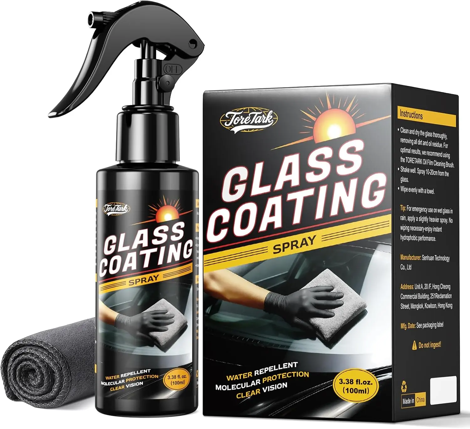 Toretark Car Ceramic Glass Coating Spray,Automotive Windshield Rain Repellent Glass Polish Protect, Long-Lasting Quick Dry Coat (3.38 fl oz +Towel)