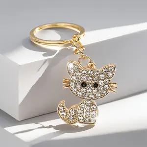 Cute Sparkling Rhinestone 1/20pcs Cat Keychain | Kitten-Shaped Key Ring with Round Ring Clasp, Durable Women's Bag Charm Accessory for Keys, Purse, Birthday Gift, Cat Charms for Bracelets, Purse Decoration, Glamorous Goldtone Metal