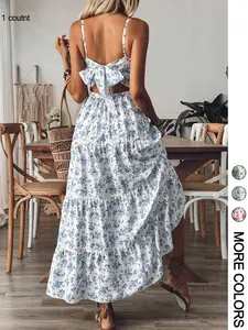 1 Pc Women's Boho Floral Tiered Maxi Dress, Spaghetti Straps and Back Cutout Bow Detail, Flowy Tiered Dress with Ruffle Hem, Lightweight Fabric, Multiple Floral Prints