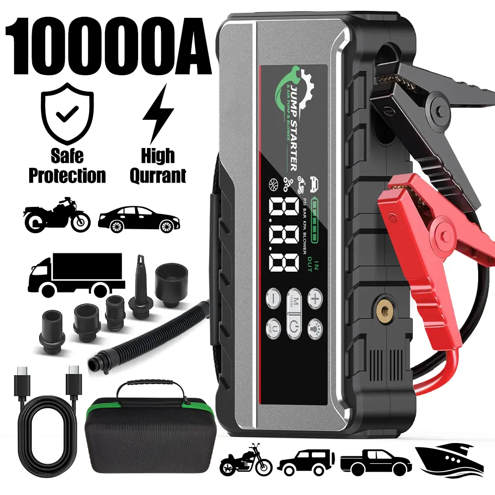 10,000A Car Battery Jump Starter, 7-in-1 Portable Emergency Power Station with Air Compressor, Combination Wireless Air Pump for Inflating Tires, Equipped with a Large LCD Screen—Great as a Gift for Men or as a Car Accessory