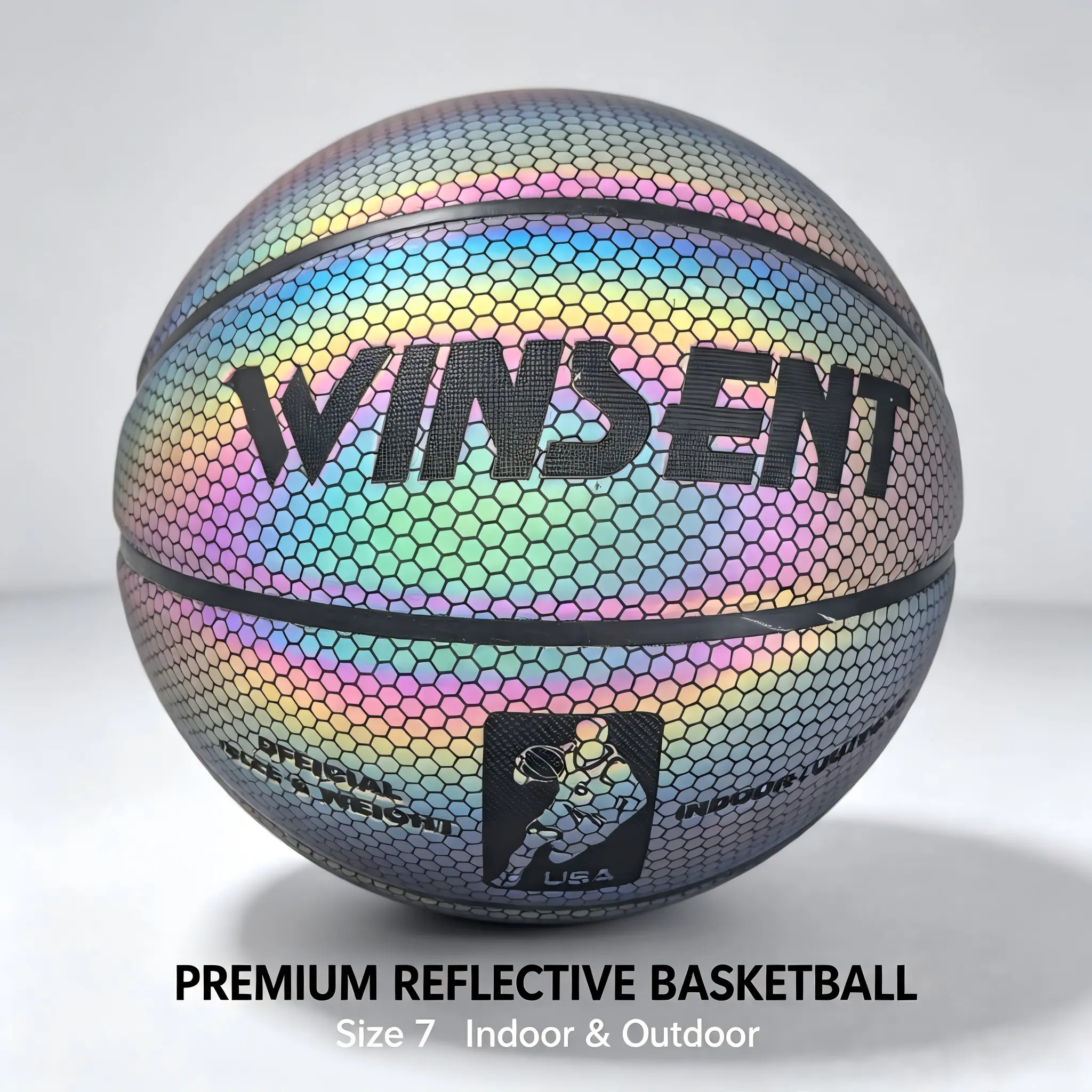 Glowing Reflective Size 7 Basketball, Premium Honeycomb PU Leather Basketball, Rainbow Holographic Flash Basketball, Indoor Outdoor Night Competition Training Basketball Standard Indoor-Outdoor Basketball Net