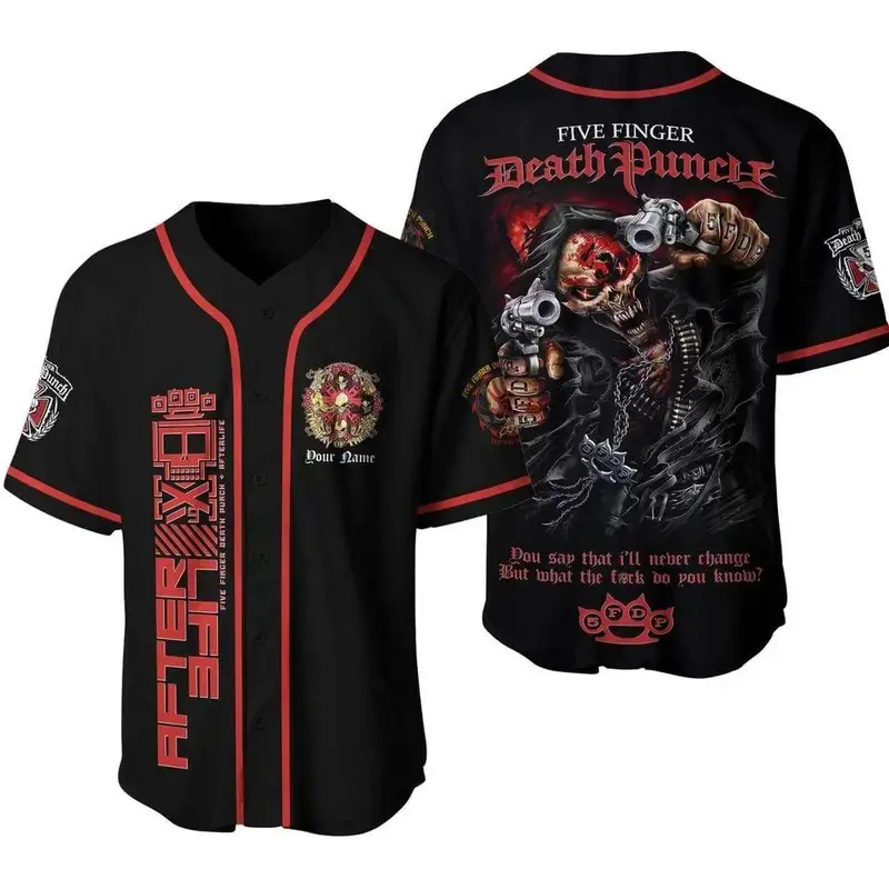 5 Finger Death Punch FFDP Skull Graphic Afterlife Baseball Jersey - Breathable Mesh Button-Up Athletic Shirt with Athletic Sizing, Relaxed Loose Fit, Fade-Resist Print, Machine Wash Cold - Heavy Metal Rock Fan Merch Gift, Sporty Chic, Button-Up Shirt
