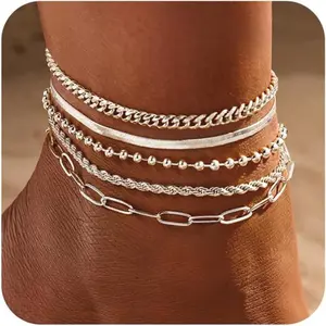 5PCS Elegant Women's Stainless Steel Anklets Set - Silver Plated, Waterproof, Multi-Layer Herringbone, Paperclip, Beaded, Figaro, and Cuban Chain Stackable Anklet Bracelets for All Seasons - Versatile Daily Wear and Gift-Giving Jewelry