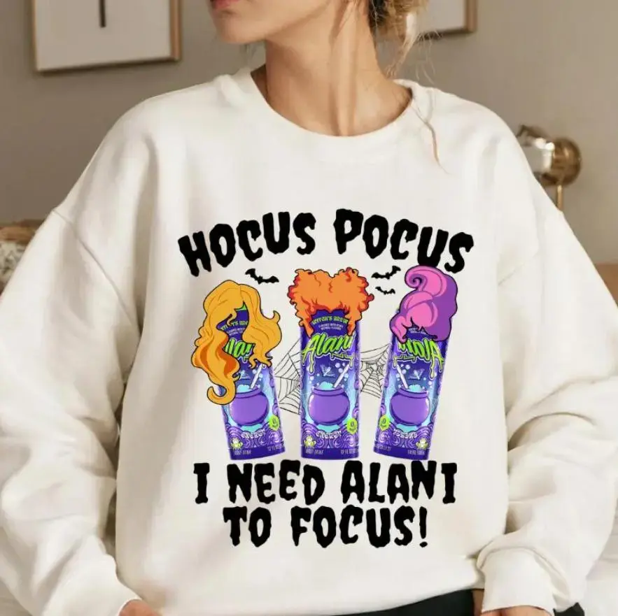 Women's Alani Focus Halloween Cotton Top - Smooth Casual Everyday Unisex Graphic Tee, Sweatshirt,  Energy Drink Themed, Spoooky Retro Witch Gift, Tops