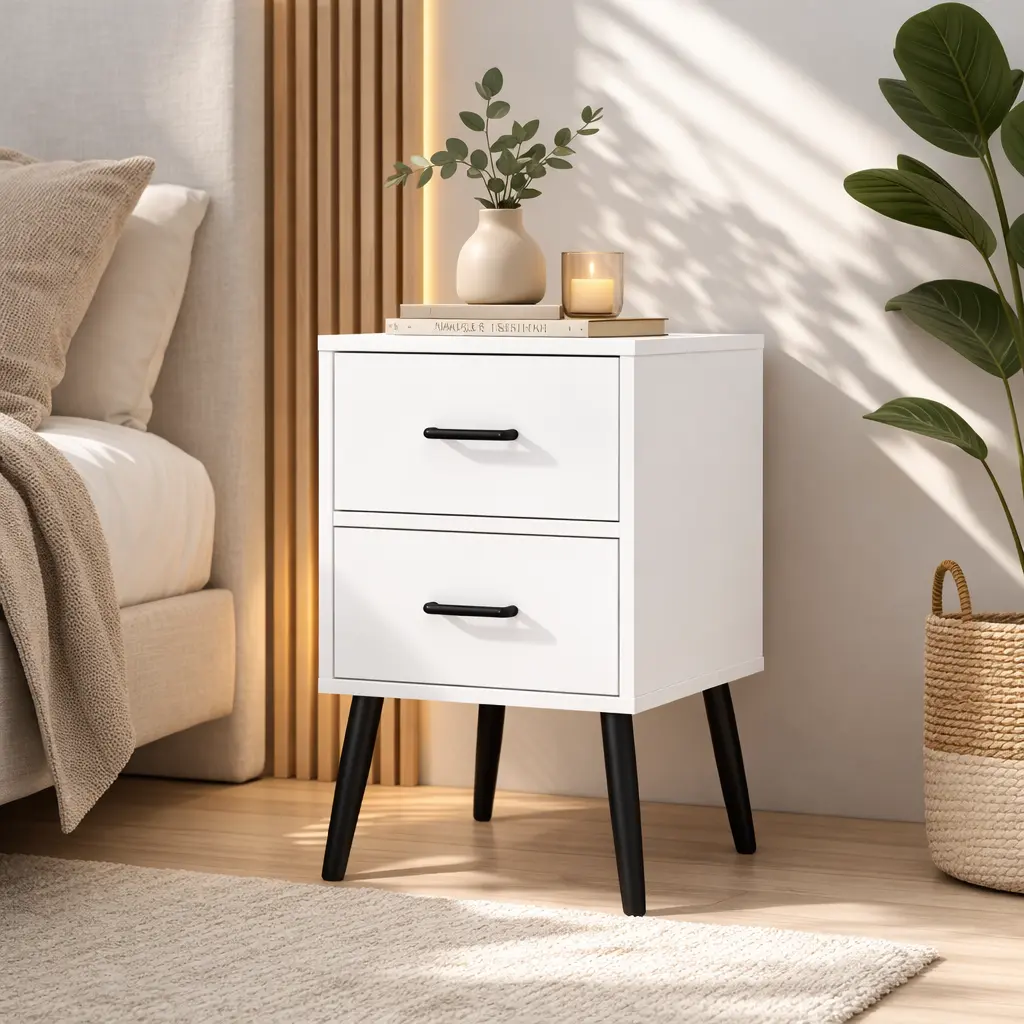 Modern Minimalist 2‑Drawer Bedside Nightstand, Smooth White Painted MDF Construction, Reinforced Metal Legs and Handles, Spacious Storage Cabinet, Multi‑Purpose End Table for Small Bedroom Dorm Apartment Use