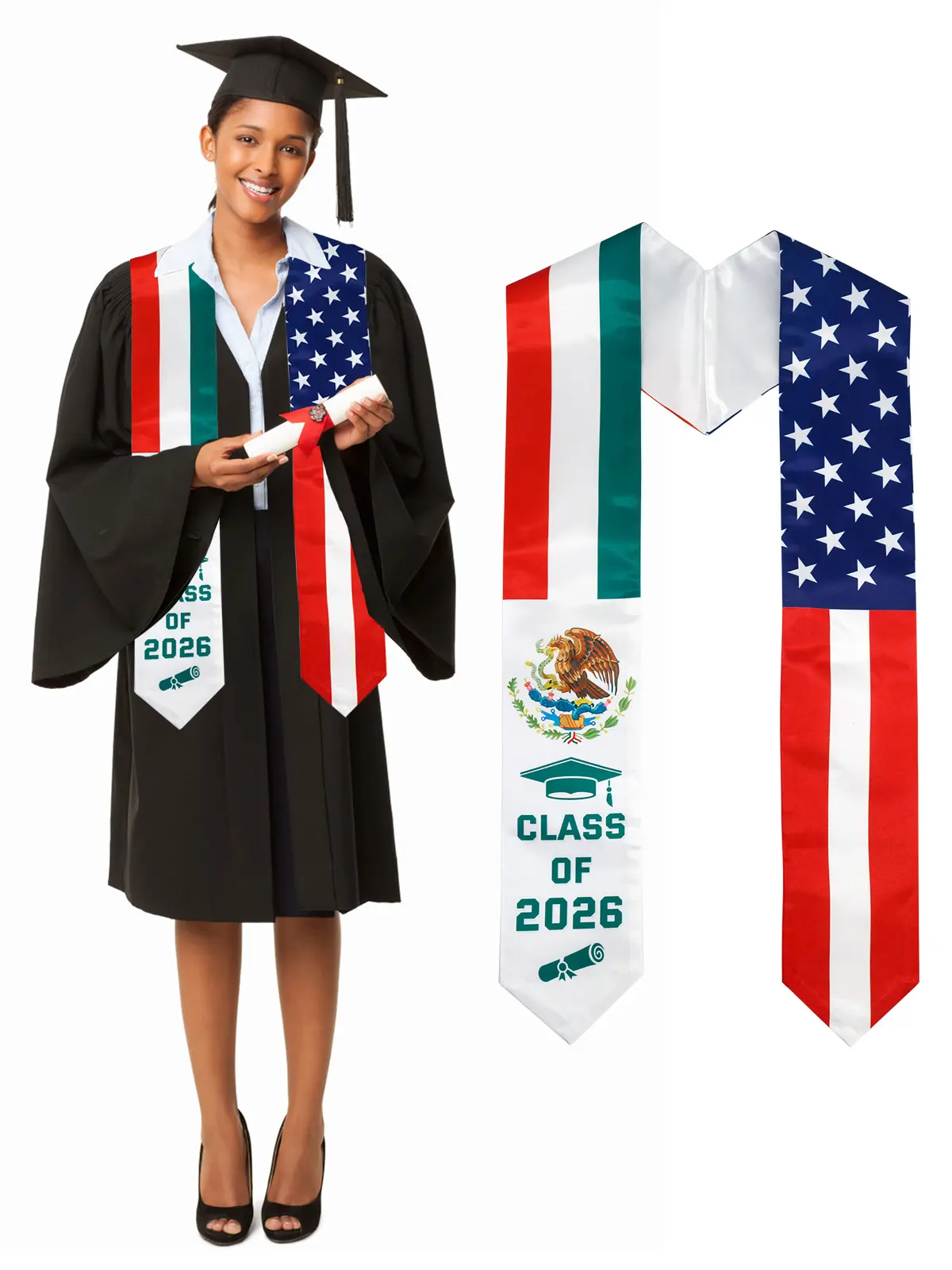 GraduationMall US/Mexico Country Flag Print Graduation Stole, 72" Long 1-Piece Silk Satin Fabric Shawl Wrap Set for Class of 2026 Study Abroad International Students