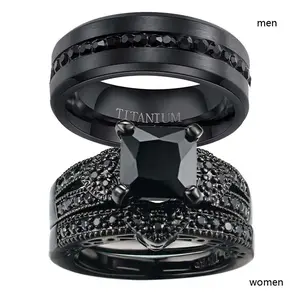 Ringcrown Couple Rings 1ct Black AAA CZ Matching Wedding Band Sets for Him and Her Titanium Steel Women's Ring & Men's Black Plated Titanium Steel Band with 5 Layers of Plating Protection