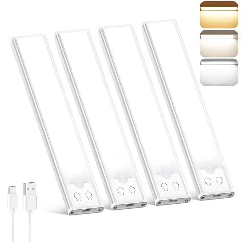 4-Pack Motion Sensor Under Cabinet LED Lights - 76-LED, 1500mAh USB Rechargeable Magnetic Dimmable Flexible Strip Indoor Lighting, Wire-Free Installation for Kitchen, Closet, Garage Home Decor