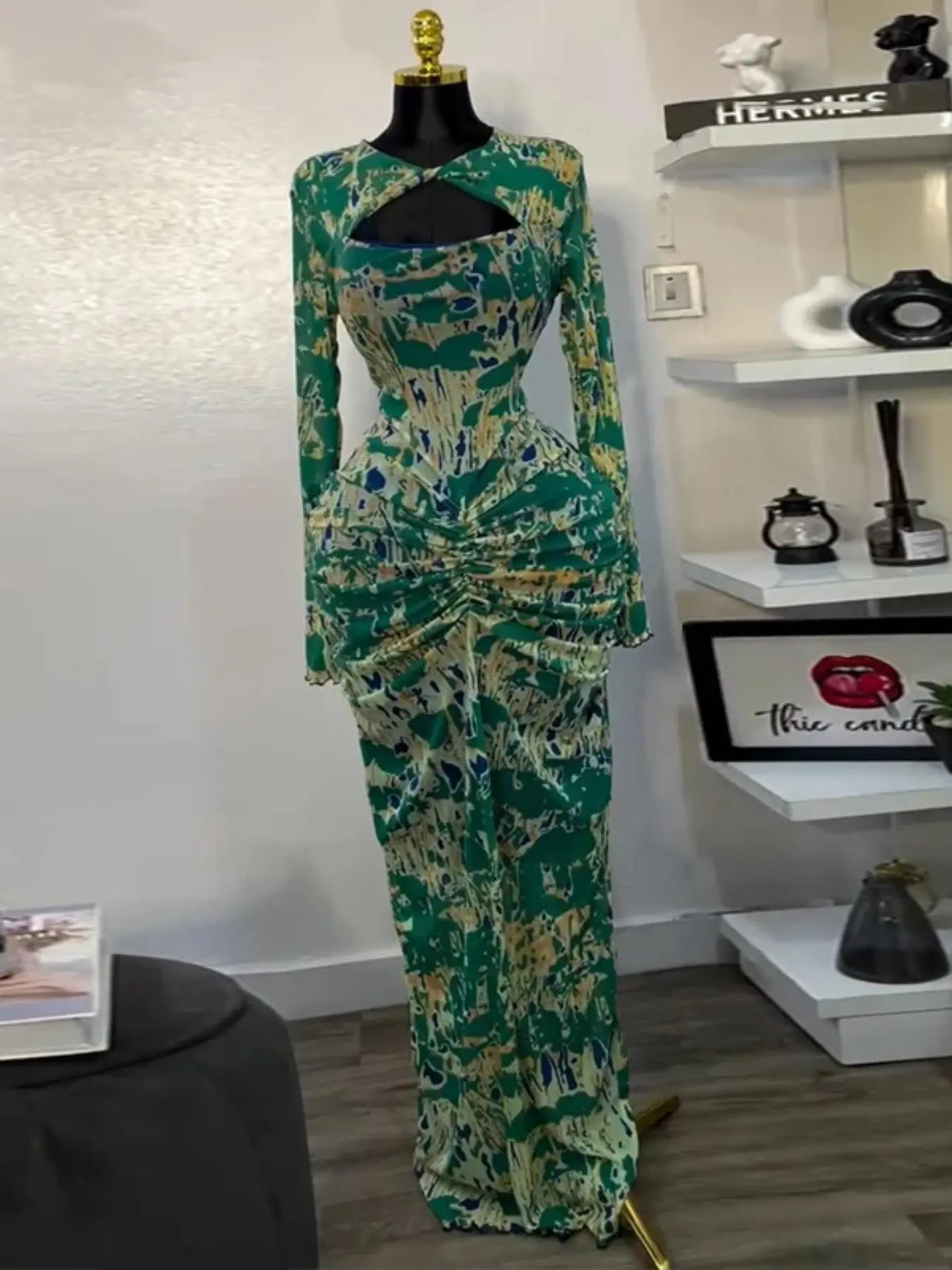 QFAF Women's Lady floral Printed Cut Out Front Bodycon Fitted Midi Dress, Long Sleeve, Chic, Elegant, Formal, Casual Cocktail Party Dress for Daily Outdoor Wear, Holiday Night Out Ruched Dresses, Vacation Street Clothing