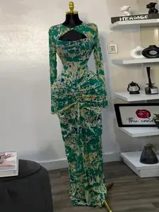 QFAF Women's Lady floral Printed Cut Out Front Bodycon Fitted Midi Dress, Long Sleeve, Chic, Elegant, Formal, Casual Cocktail Party Dress for Daily Outdoor Wear, Holiday Night Out Ruched Dresses, Vacation Street Clothing