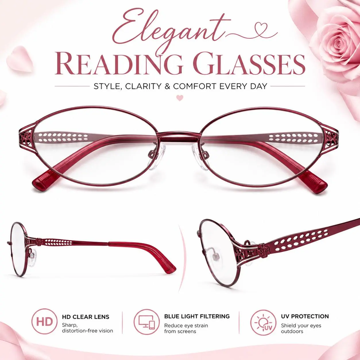 Lightweight Oval Reading Glasses for Women, Red Metal Frame Readers with Adjustable Nose Pads, HD Clear Lenses, Blue Light Filtering Eyewear for Daily Use