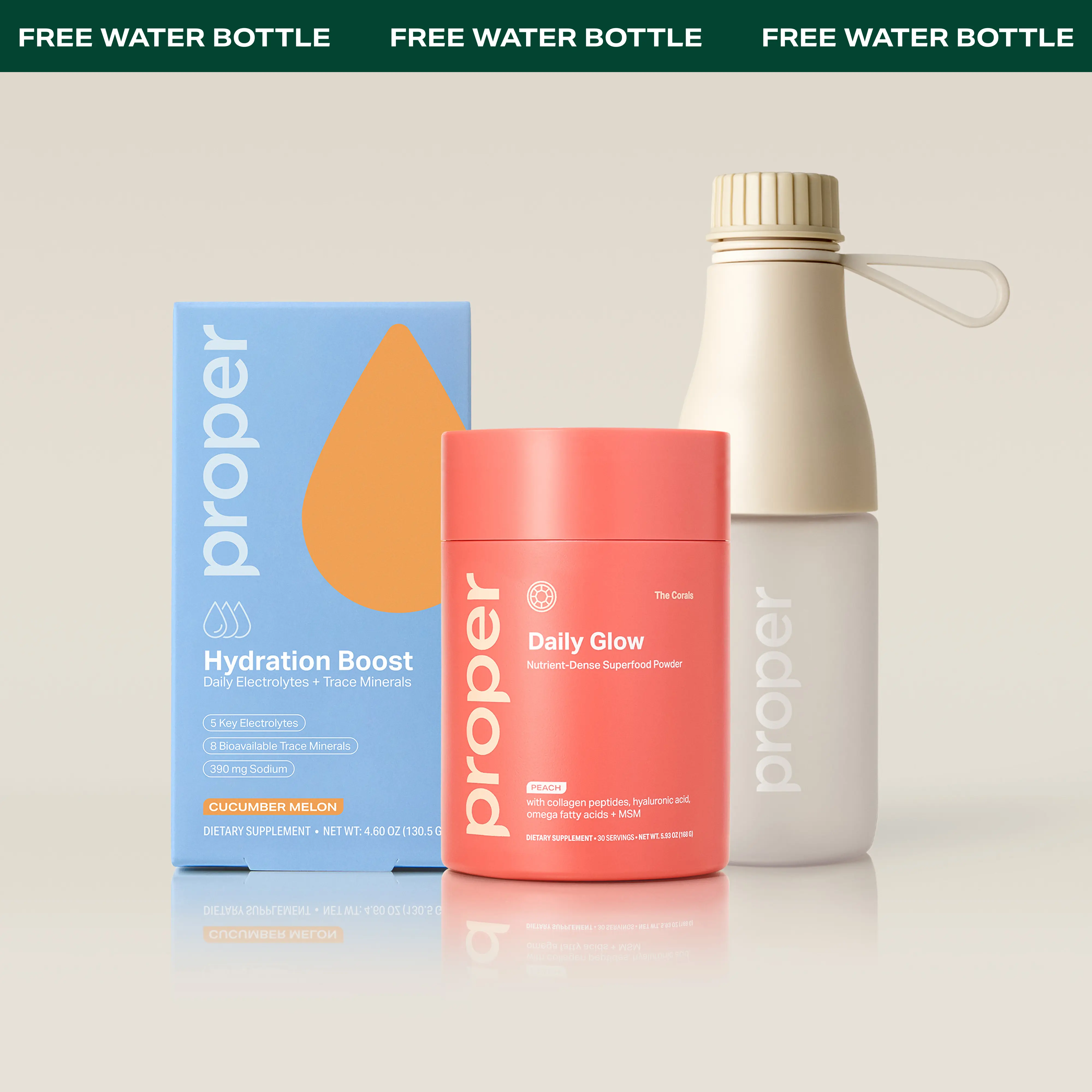 The Daily Glow Bundle for Skin Radiance & Hydration - Skin Glow Superfood Powder, Hydration Stick Packs & Water Bottle - Cucumber Melon