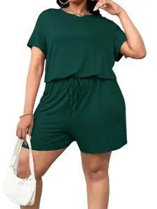 【Plus Size】 Solid Drawstring Waist Romper, Casual Pocket Romper for Summer, Women's Clothes for Daily Wear