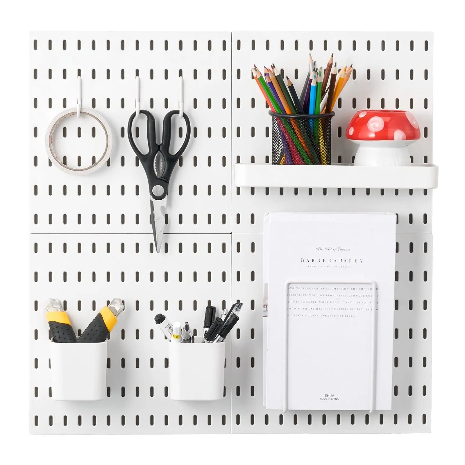White Plastic Pegboard Combination Kit - 4 x 11in x 11in Panels, Accessories, Wall-Mount Racks, Installation-Ready Tool Storage Organizer for Garage, Kitchen