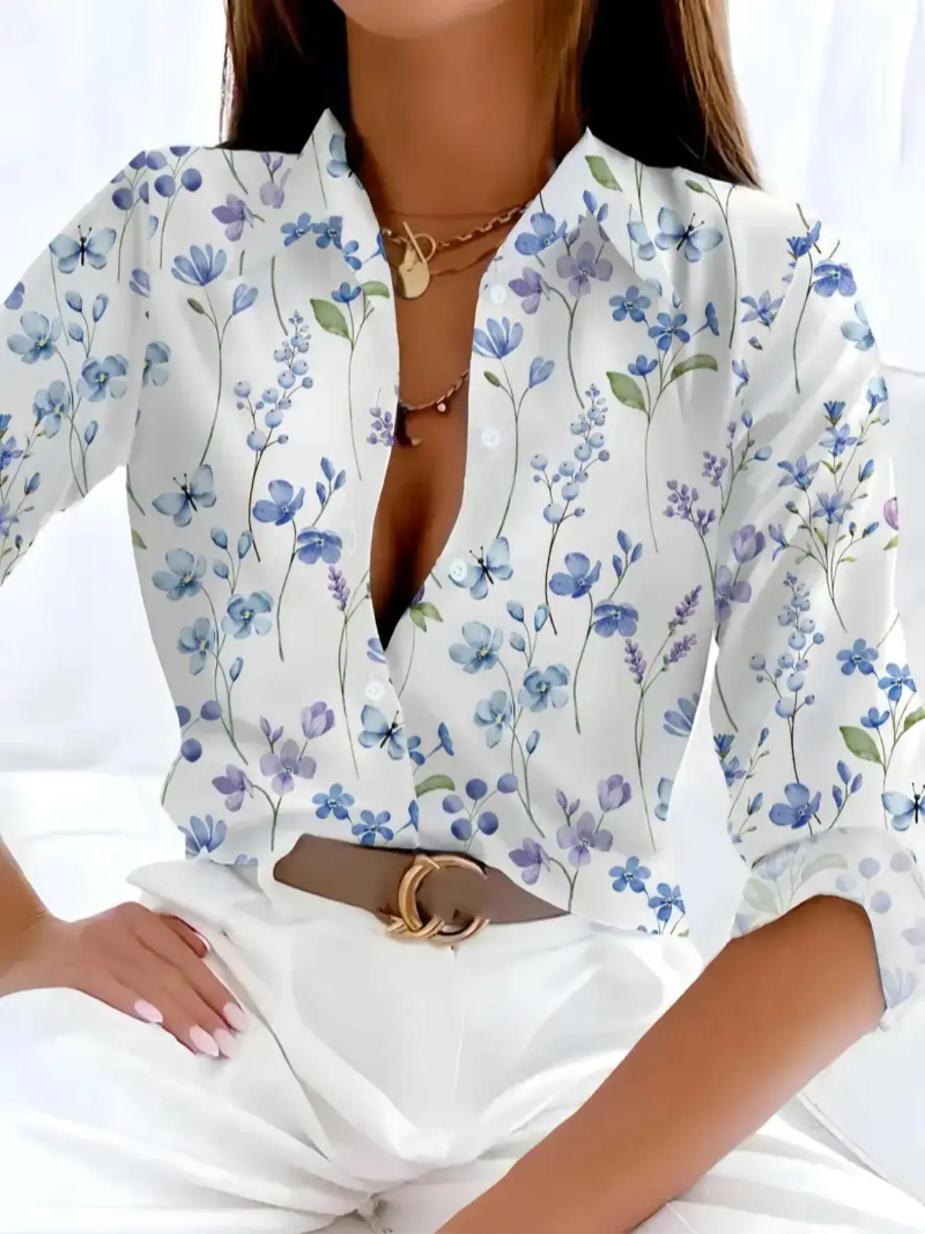 Women's Floral Print   Shirt Blouse, Casual Fitted Long Sleeve Collared Top for Holiday Vacation Daily Wear, Ladies Clothes for All Seasons