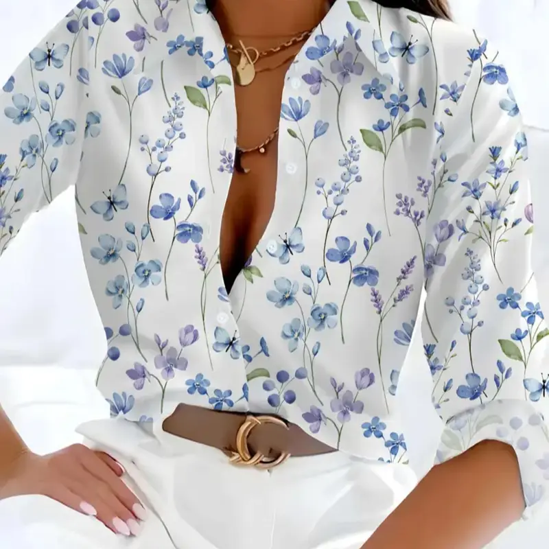 Women's Floral Print Shirt Blouse, Casual Fitted Long Sleeve Collared Top for Holiday Vacation Daily Wear, Ladies Clothes for All Seasons
