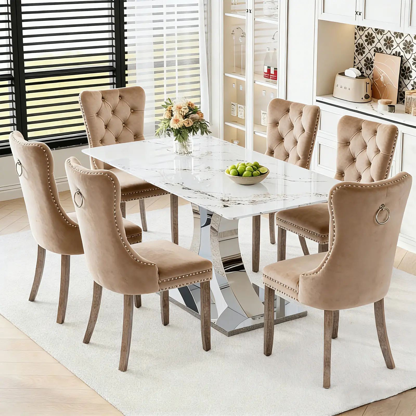 1 Table+6 khaki Solid Wood Legs