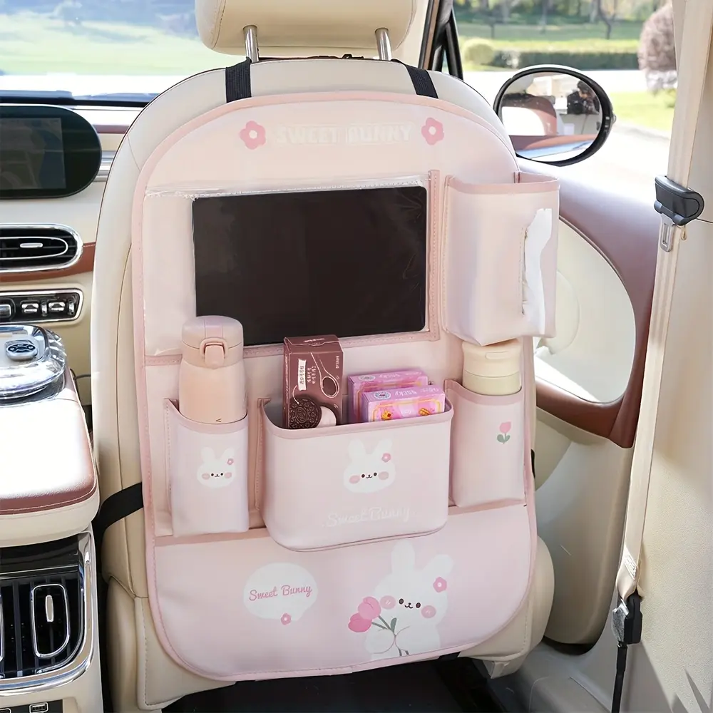 Car Seat Back Storage Bag with Kick Pad, Cute Cartoon Design, PVC Material, Includes Bottle Holder & Accessories, Girly Car Accessories, Aesthetic Car Accessory, Car Interior Accessory, Interior Accessories For Car, Auto Accessories Interior