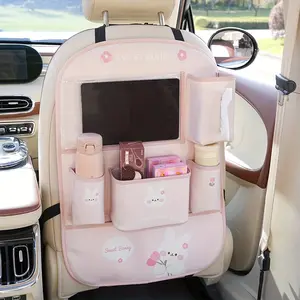 Car Seat Back Storage Bag with Kick Pad, Cute Cartoon Design, PVC Material, Includes Bottle Holder & Accessories