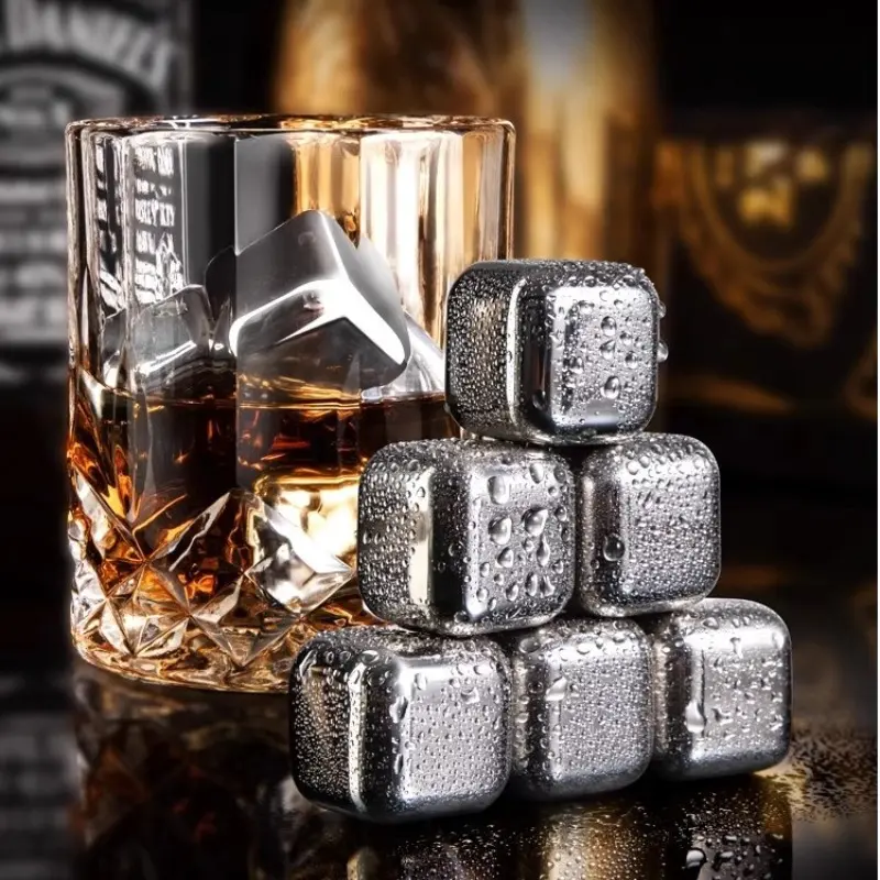 304 Stainless Steel Ice Cubes Set (6 Pieces), Food Grade Reusable Square Ice Blocks, Anti-Slip Ice Picks, Home Bar Accessories, Barware, Ideal for Whiskey, Wine, Soda, Juice