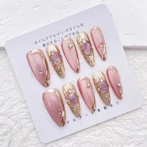 Pink Glitter Press On Nails: Gold Accent Long Almond Nail Set