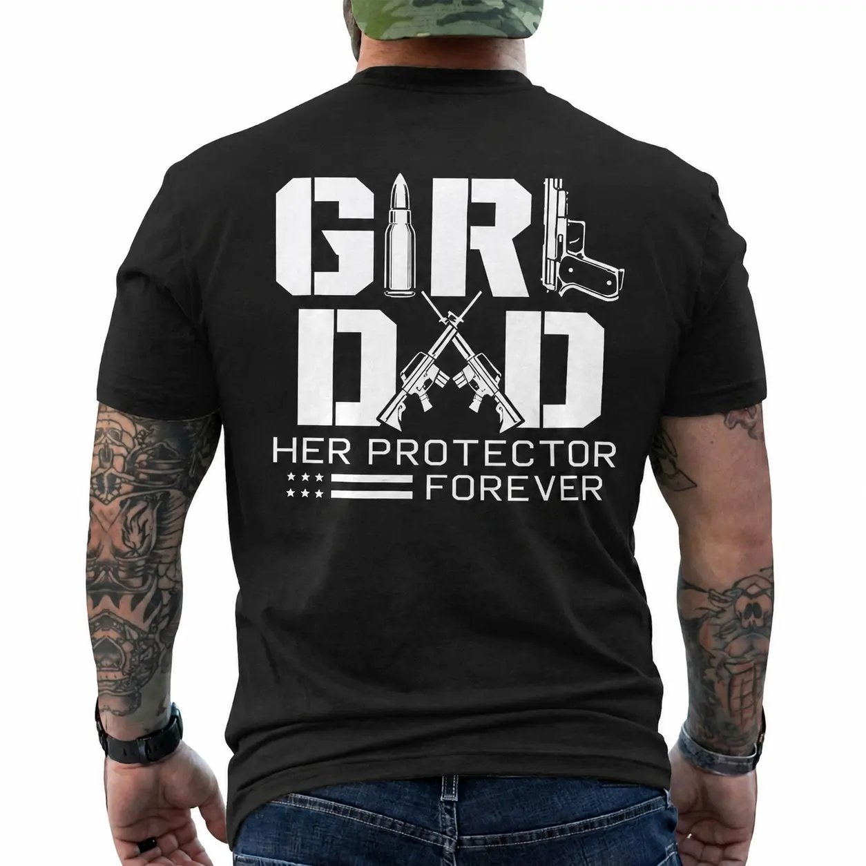 Girl Dad Her Protector Forever AR15 Gun Owner Father's Day Gift | 2nd Amendment Gun Right Gift | Classic Fit Casual Everyday Wear Back Print