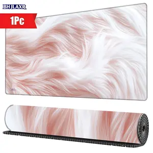 Pink & White Fluffy Fur Pattern Desk Mat with Stitched Edges, Non - Slip Base, Ideal for Gaming & Office, 15.7x35.4inch, Perfect Gift for Fur Texture Lovers