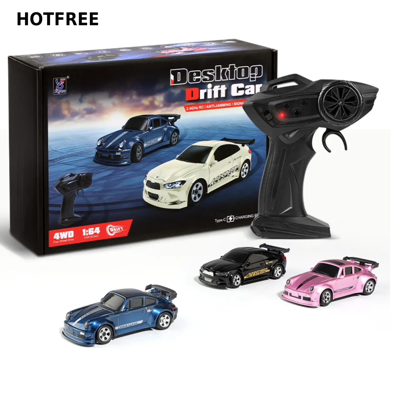 Hotfree 1/64 Mini RC Drift Car, 4WD High-Speed Full-Proportional Remote Control Sports Car with Steering Servo, LED Lights, USB Rechargeable, Desktop Entertainment Toy, Fun Birthday Christmas Gift for Kids & Boys